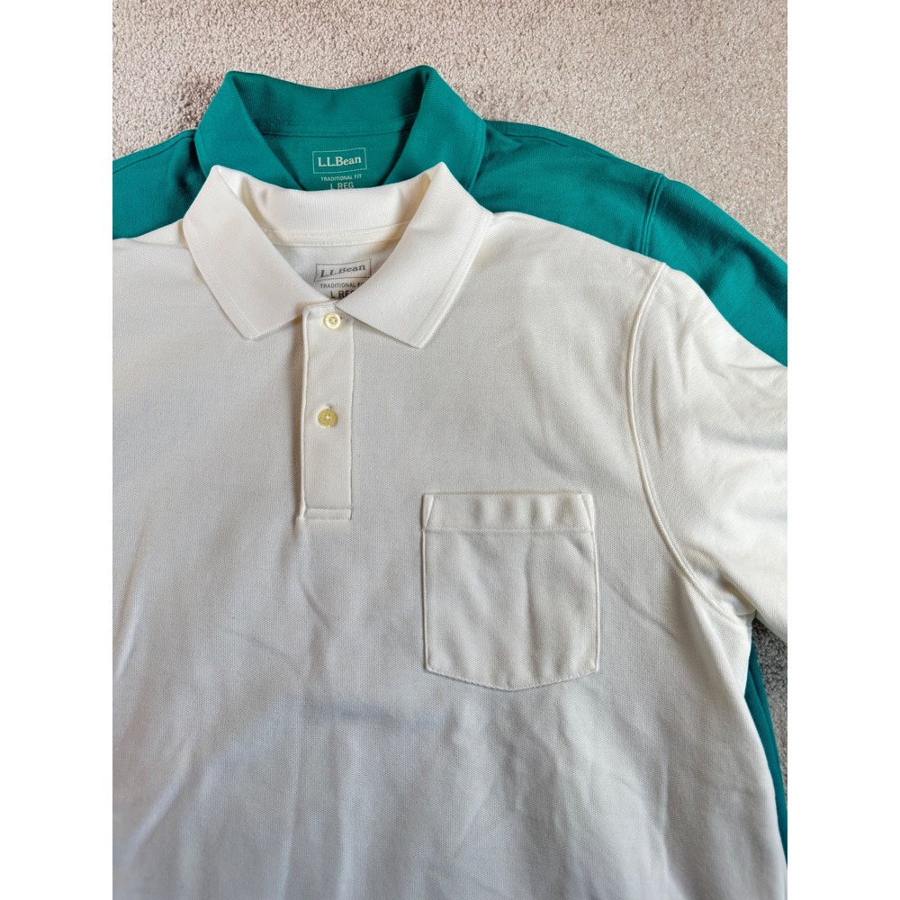 LL Bean Mens Traditional Fit Polo Shirt Lot of 2 Teal White Cotton Large 300457